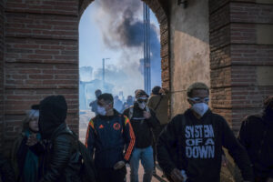 France, Toulouse, 2023-04-06. The demonstration against the pension reform of 6 April 2023 in Toulouse, from the union p