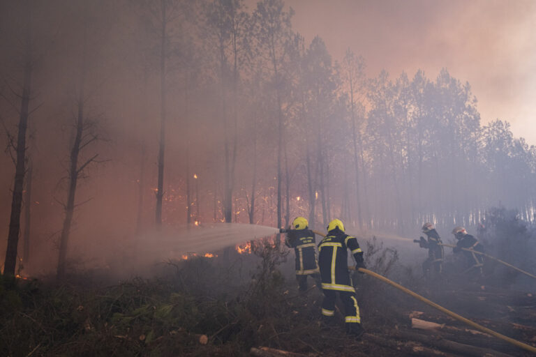 France, Bordeaux, 2026-07-26. Firefighters battle a forest fire in the pine woods of the Gironde on 26 July 2026, with g