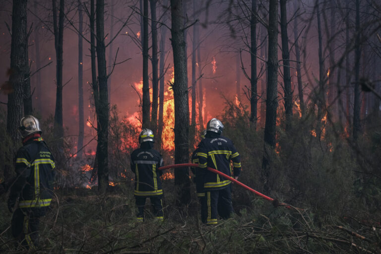France, Bordeaux, 2026-07-26. Firefighters battle a forest fire in the pine woods of the Gironde on 26 July 2026, with g