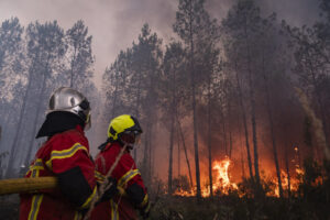 France, Bordeaux, 2026-07-26. Firefighters battle a forest fire in the pine woods of the Gironde on 26 July 2026, with g
