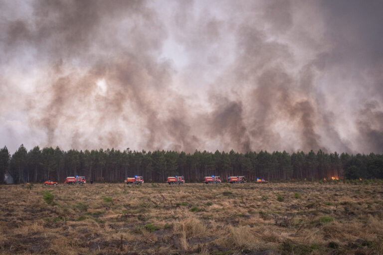 France, Bordeaux, 2026-07-26. Firefighters battle a forest fire in the pine woods of the Gironde on 26 July 2026, with g