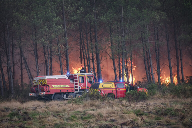 France, Bordeaux, 2026-07-26. Firefighters battle a forest fire in the pine woods of the Gironde on 26 July 2026, with g