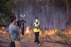 France, Bordeaux, 2026-07-26. Firefighters battle a forest fire in the pine woods of the Gironde on 26 July 2026, with g