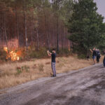 France, Bordeaux, 2026-07-26. Firefighters battle a forest fire in the pine woods of the Gironde on 26 July 2026, with g