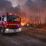 France, Bordeaux, 2026-07-26. Firefighters battle a forest fire in the pine woods of the Gironde on 26 July 2026, with g