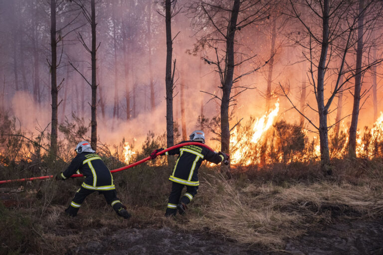 France, Bordeaux, 2026-07-26. Firefighters battle a forest fire in the pine woods of the Gironde on 26 July 2026, with g