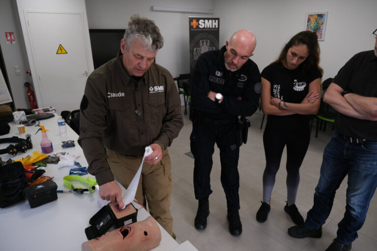 France, Auterive, 2021-03-04. A course in first aid in hostile environments run by Claude Brunet, a former serviceman tu