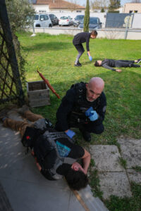 France, Auterive, 2021-03-04. A course in first aid in hostile environments run by Claude Brunet, a former serviceman tu