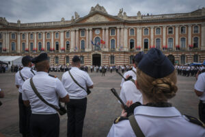 France, Toulouse, 2025-07-02. A military ceremony on the Place du Capitole in Toulouse in July 2025, marking the space d