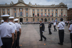 France, Toulouse, 2025-07-02. A military ceremony on the Place du Capitole in Toulouse in July 2025, marking the space d