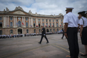 France, Toulouse, 2025-07-02. A military ceremony on the Place du Capitole in Toulouse in July 2025, marking the space d