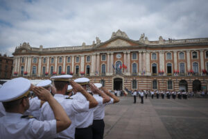France, Toulouse, 2025-07-02. A military ceremony on the Place du Capitole in Toulouse in July 2025, marking the space d