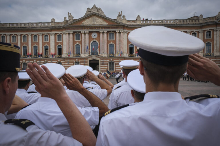 France, Toulouse, 2025-07-02. A military ceremony on the Place du Capitole in Toulouse in July 2025, marking the space d
