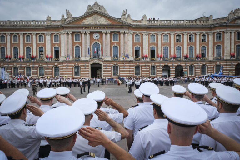 France, Toulouse, 2025-07-02. A military ceremony on the Place du Capitole in Toulouse in July 2025, marking the space d