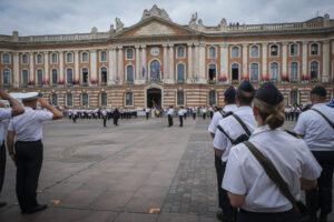 France, Toulouse, 2025-07-02. A military ceremony on the Place du Capitole in Toulouse in July 2025, marking the space d