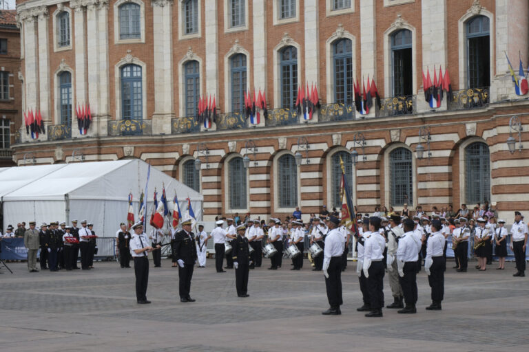 France, Toulouse, 2025-07-02. A military ceremony on the Place du Capitole in Toulouse in July 2025, marking the space d