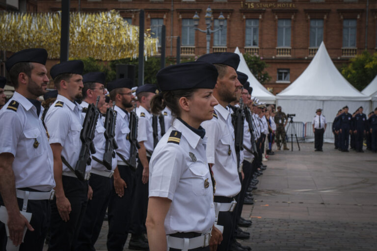 France, Toulouse, 2025-07-02. A military ceremony on the Place du Capitole in Toulouse in July 2025, marking the space d