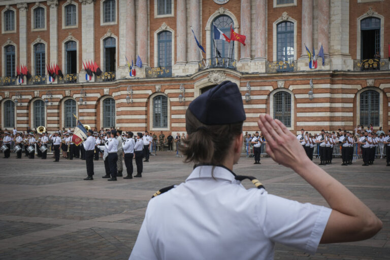 France, Toulouse, 2025-07-02. A military ceremony on the Place du Capitole in Toulouse in July 2025, marking the space d