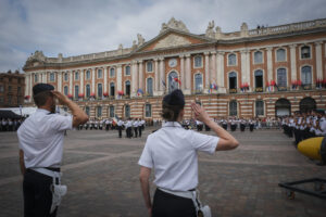 France, Toulouse, 2025-07-02. A military ceremony on the Place du Capitole in Toulouse in July 2025, marking the space d