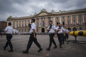 France, Toulouse, 2025-07-02. A military ceremony on the Place du Capitole in Toulouse in July 2025, marking the space d