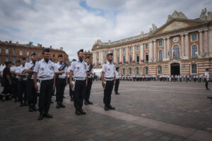 France, Toulouse, 2025-07-02. A military ceremony on the Place du Capitole in Toulouse in July 2025, marking the space d