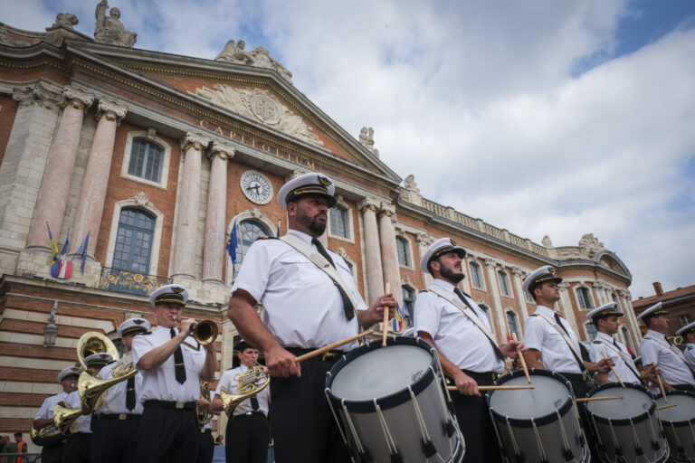 France, Toulouse, 2025-07-02. A military ceremony on the Place du Capitole in Toulouse in July 2025, marking the space d
