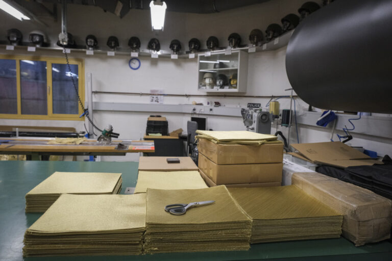 Switzerland, Geneve, 2024-04-23. In the DuPont laboratory near Geneva, Kevlar is cut, sewn and shot at to certify the bo
