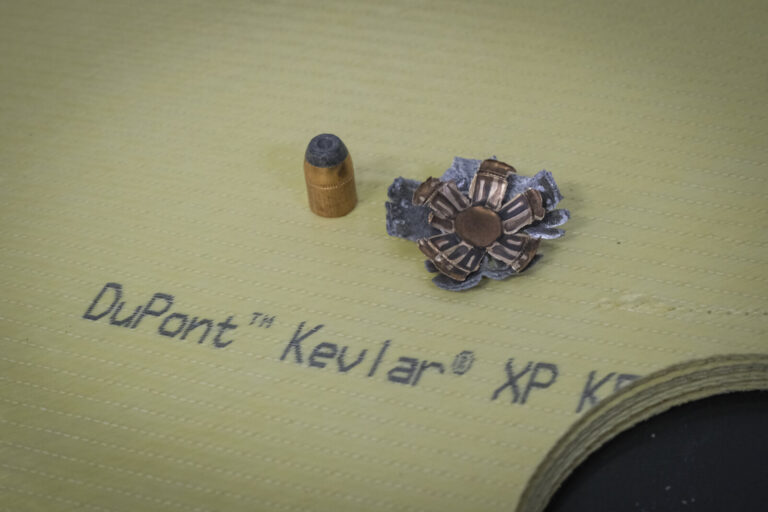 Switzerland, Geneve, 2024-04-23. In the DuPont laboratory near Geneva, Kevlar is cut, sewn and shot at to certify the bo