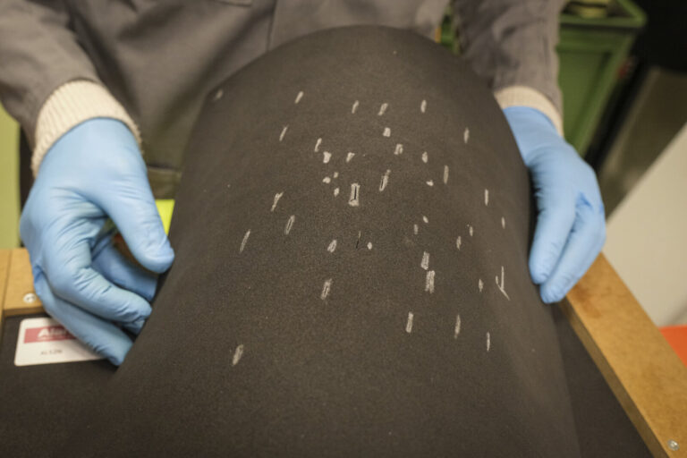 Switzerland, Geneve, 2024-04-23. In the DuPont laboratory near Geneva, Kevlar is cut, sewn and shot at to certify the bo