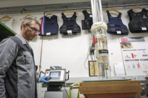 Switzerland, Geneve, 2024-04-23. In the DuPont laboratory near Geneva, Kevlar is cut, sewn and shot at to certify the bo