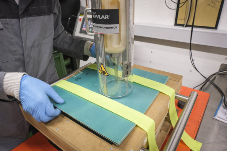 Switzerland, Geneve, 2024-04-23. In the DuPont laboratory near Geneva, Kevlar is cut, sewn and shot at to certify the bo