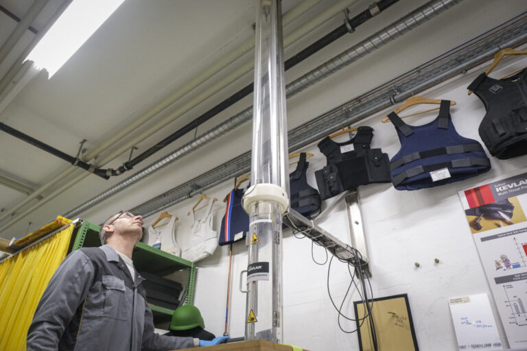 Switzerland, Geneve, 2024-04-23. In the DuPont laboratory near Geneva, Kevlar is cut, sewn and shot at to certify the bo