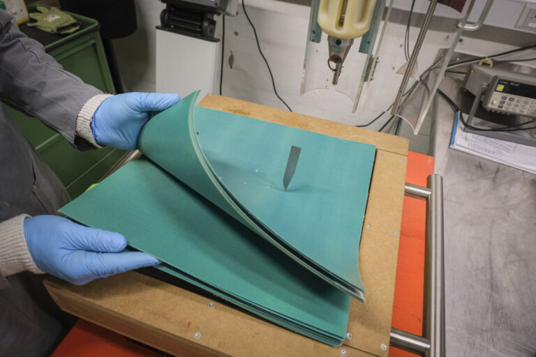 Switzerland, Geneve, 2024-04-23. In the DuPont laboratory near Geneva, Kevlar is cut, sewn and shot at to certify the bo
