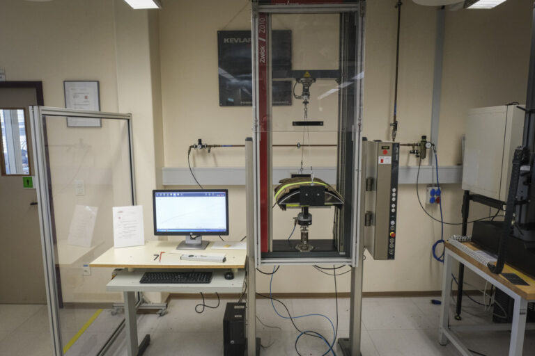 Switzerland, Geneve, 2024-04-23. In the DuPont laboratory near Geneva, Kevlar is cut, sewn and shot at to certify the bo