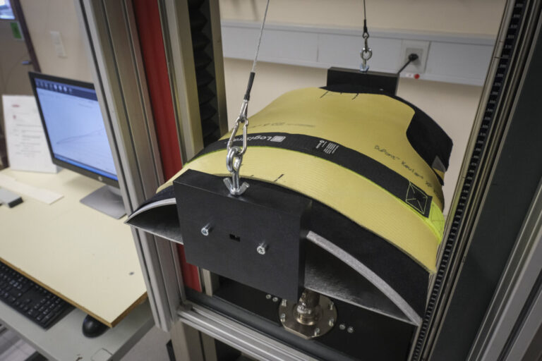 Switzerland, Geneve, 2024-04-23. In the DuPont laboratory near Geneva, Kevlar is cut, sewn and shot at to certify the bo