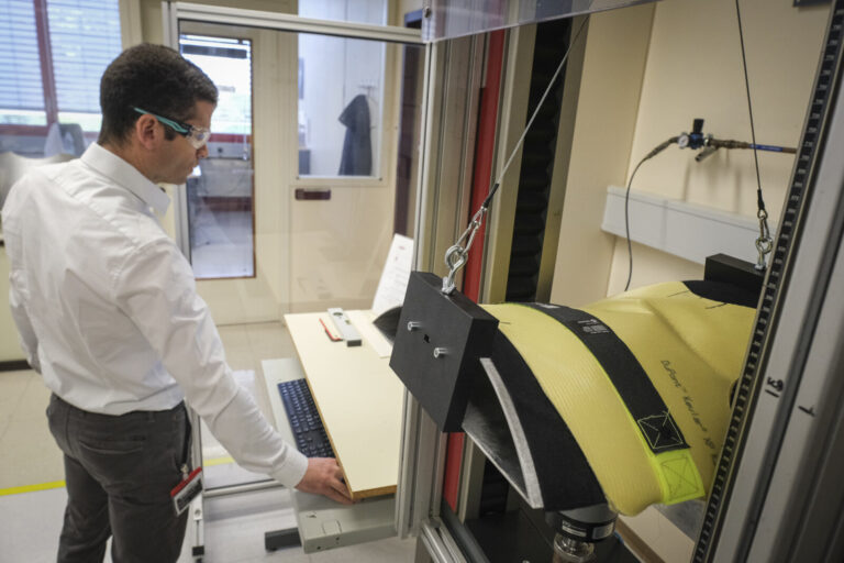Switzerland, Geneve, 2024-04-23. In the DuPont laboratory near Geneva, Kevlar is cut, sewn and shot at to certify the bo