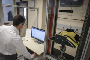 Switzerland, Geneve, 2024-04-23. In the DuPont laboratory near Geneva, Kevlar is cut, sewn and shot at to certify the bo
