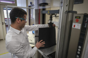 Switzerland, Geneve, 2024-04-23. In the DuPont laboratory near Geneva, Kevlar is cut, sewn and shot at to certify the bo