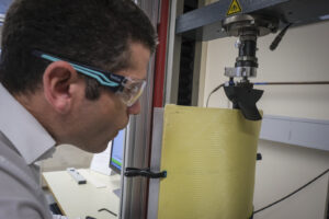 Switzerland, Geneve, 2024-04-23. In the DuPont laboratory near Geneva, Kevlar is cut, sewn and shot at to certify the bo
