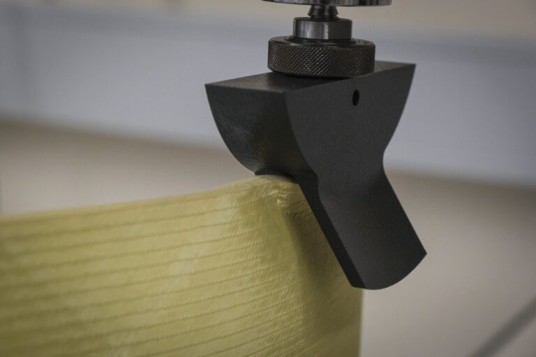 Switzerland, Geneve, 2024-04-23. In the DuPont laboratory near Geneva, Kevlar is cut, sewn and shot at to certify the bo