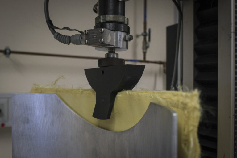 Switzerland, Geneve, 2024-04-23. In the DuPont laboratory near Geneva, Kevlar is cut, sewn and shot at to certify the bo