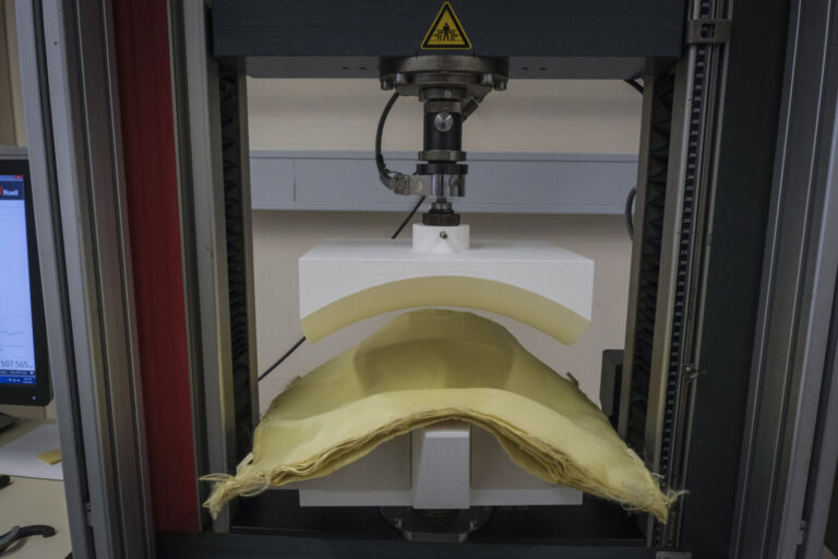 Switzerland, Geneve, 2024-04-23. In the DuPont laboratory near Geneva, Kevlar is cut, sewn and shot at to certify the bo