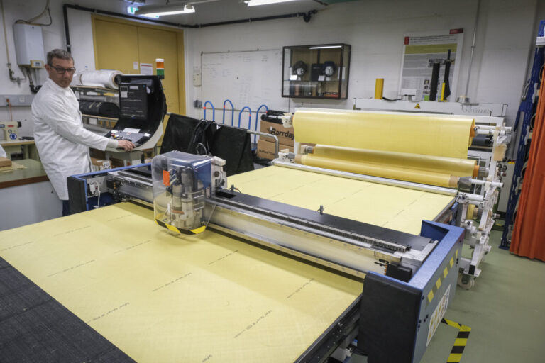 Switzerland, Geneve, 2024-04-23. In the DuPont laboratory near Geneva, Kevlar is cut, sewn and shot at to certify the bo