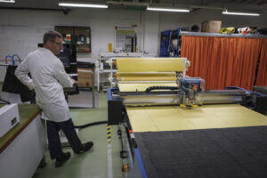 Switzerland, Geneve, 2024-04-23. In the DuPont laboratory near Geneva, Kevlar is cut, sewn and shot at to certify the bo