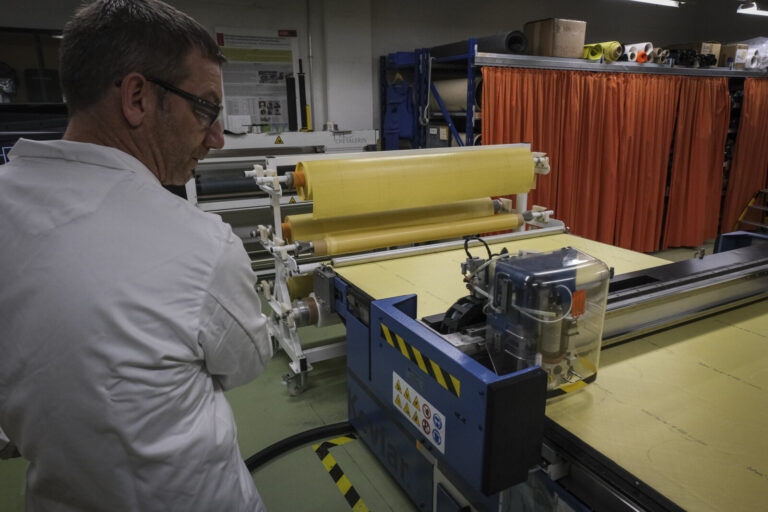 Switzerland, Geneve, 2024-04-23. In the DuPont laboratory near Geneva, Kevlar is cut, sewn and shot at to certify the bo