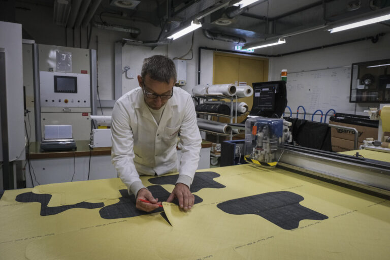 Switzerland, Geneve, 2024-04-23. In the DuPont laboratory near Geneva, Kevlar is cut, sewn and shot at to certify the bo