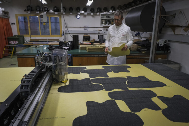 Switzerland, Geneve, 2024-04-23. In the DuPont laboratory near Geneva, Kevlar is cut, sewn and shot at to certify the bo