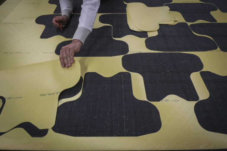 Switzerland, Geneve, 2024-04-23. In the DuPont laboratory near Geneva, Kevlar is cut, sewn and shot at to certify the bo