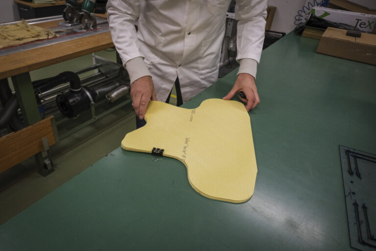 Switzerland, Geneve, 2024-04-23. In the DuPont laboratory near Geneva, Kevlar is cut, sewn and shot at to certify the bo
