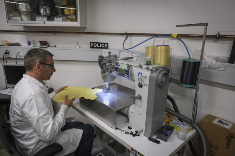 Switzerland, Geneve, 2024-04-23. In the DuPont laboratory near Geneva, Kevlar is cut, sewn and shot at to certify the bo